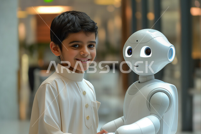 Knowing and developing children's talents, 3D model of a smart robot with high technology, technological progress on planet Earth, a Saudi Arabian Gulf child greeting an artificial robot at a scientific conference, achieving the industrial revolution, looking at the camera with gestures of joy