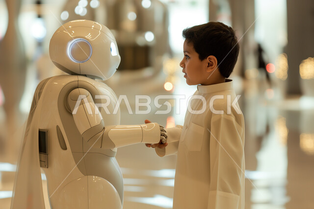 3D model of a smart robot with high technology, technological progress on planet earth, side view of a Saudi Arabian Gulf child greeting an artificial robot at a scientific conference in the Kingdom, achieving the industrial revolution, knowing and developing children's talents
