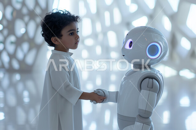 التقدم التكنولوجي على كوكب الأرض، طفل عربي سعودي خليجي يلقي التحية على روبوت اصطناعي في إحدى المؤتمرات العلمية في المملكة، مجسم ثلاثي الأبعاد لرجل آلي ذكي بتقنيه وتكنولوجيا عالية، تحقيق الثورة الصناعية، معرفة مواهب الأطفال وتطويرها
