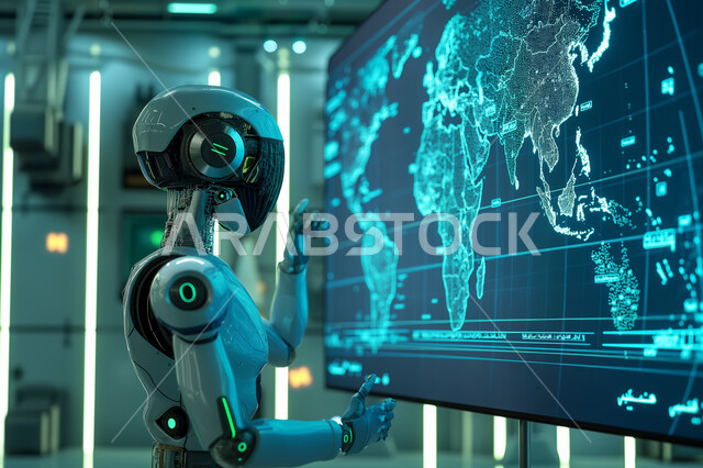 Digital transformation concept, use of smart robots in business, realizing the technological future vision 2030, close-up image of an advanced robot in front of illuminated electronic screens, modern screen containing a world map