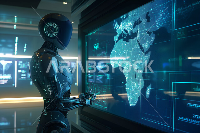 استخدام الروبوتات الذكية في الأعمال، تحقيق الرؤية المستقبلية التكنولوجية 2030، مفهوم التحول الرقمي، صورة مقربة لرجل آلي متطور أمام الشاشات الالكترونية المضيئة، شاشة حديثة تحوي خريطة العالم