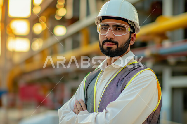 الإشراف على االمشاريع في مقر العمل، صورة مقربة لمهندس عربي خليجي سعودي يرتدي سترة وخوذة ونظارات الحماية يقف بأيدي متقاطعة، نمو وتطور القطاع الهندسي في المملكة، مهن ووظائف سعودية، النظر إلى الكاميرا بإيماءات الحزم والجدية