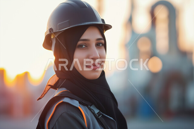 مهن ووظائف سعودية، الإشراف على االمشاريع في مقر العمل، صورة مقربة من الجانب لمهندسة عربية خليجية سعودية محجبة ترتدي سترة وخوذة الحماية تنظر إلى الكاميرا بإيماءات البهجة، نمو وتطور القطاع الهندسي في المملكة