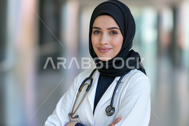 Looking at the camera with gestures of self-confidence, taking care of one's appearance, close-up of a smiling veiled Saudi Arabian Gulf female doctor wearing a white coat and a stethoscope standing with folded hands, providing medical examination, medical services in hospitals and health centers