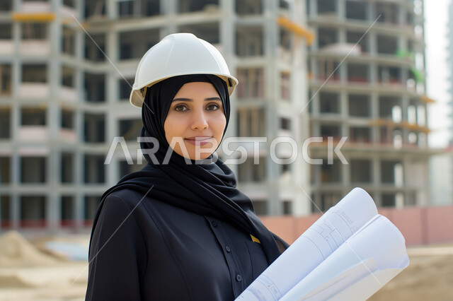 Development and development of Saudi Arabia in the field of engineering and construction by the people of the country, following up on engineering works, a close-up photo of a veiled Saudi Arabian Gulf engineer, smiling, wearing a protection helmet, standing at the work site looking at the camera with gestures of self-confidence, architectural construction plans