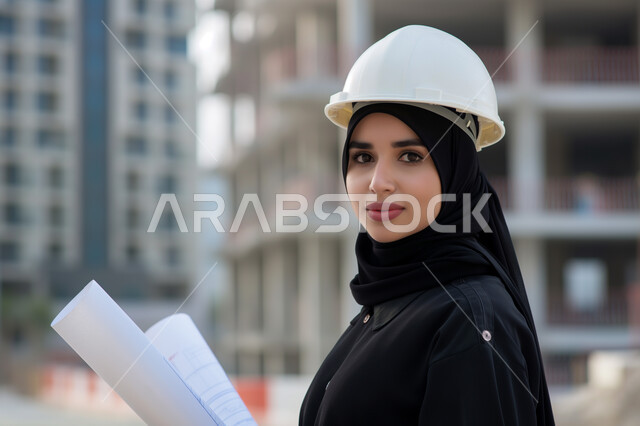 تنمية وتطور السعودية بمجال الهندسة والبناء على يد أبناء الوطن, متابعة الأعمال الهندسية, صورة مقربة لمهندسة عربية خليجية سعودية محجبة مبتسمة ترتدي خوذه الحماية تقف في موقع العمل تنظر الى الكاميرا بإيماءات الثقة بالنفس, المخططات الانشائية المعمارية