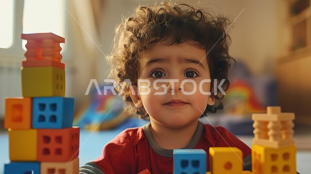 تنمية المهارات والقدرات الذهنية، صورة مقربة لطفل عربي سعودي خليجي ينظر الى الكاميرا يستمتع بتركيب المكعبات والقطع الخشبية والعاب المونتيسوري، أماكن لحضانة الأولاد والاعتناء بهم وتسليتهم، أنشطة ترفيهية ممتعة، مفهوم التسلية والترفيه