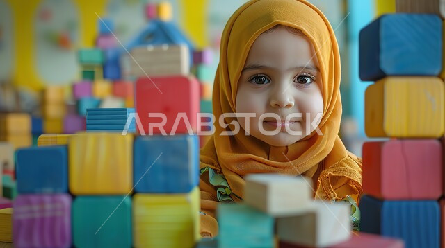 أنشطة ترفيهية ممتعة، تنمية المهارات والقدرات الذهنية، صورة مقربة لطفلة عربية سعودية خليجية محجبة تنظر الى الكاميرا تستمتع بتركيب المكعبات والقطع الخشبية والعاب المونتيسوري، أماكن لحضانة الأولاد والاعتناء بهم وتسليتهم، مفهوم التسلية والترفيه