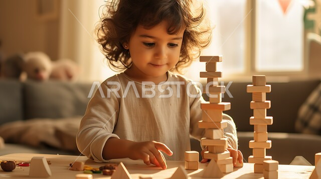 تنمية المهارات والقدرات الذهنية، صورة مقربة لطفلة عربية سعودية خليجية تستمتع بتركيب المكعبات والقطع الخشبية والعاب المونتيسوري، أماكن لحضانة الأولاد والاعتناء بهم وتسليتهم، أنشطة ترفيهية ممتعة، مفهوم التسلية والترفيه