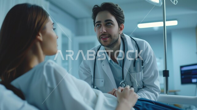 طبيب متمرس بخبرات عالية، العمل في القطاعات الصحية في المملكة العربية السعودية, مقربة لرجل عربي سعودي خليجي يرتدي السماعة الطبية لسماع نبضات القلب والمعطف الطبي يقوم بفحص المريضة لتشخيص المرض