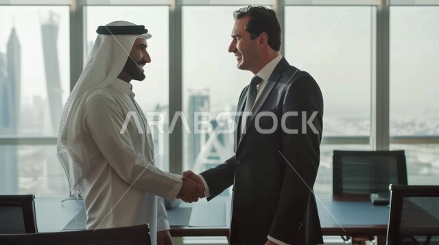 The concept of business partners, a Saudi Gulf Arab man wearing traditional clothing shaking hands with a businessman wearing a formal suit inside the company’s headquarters, agreeing on commercial projects, concluding a new business deal, cooperation between Arab companies in the Kingdom of Saudi Arabia, welcome, peace and reception.