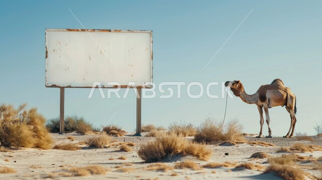 The growth of wild herbs and plants in the desert, the concept of raising camels and caring for livestock and mammals in the Kingdom of Saudi Arabia, a camel standing in front of a white billboard, wild natural reserves for caring for camels in desert areas.