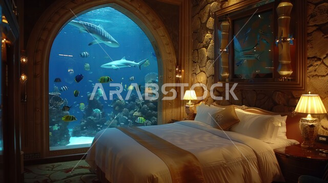 حوض سمك داخل غرفة نوم بتصاميم عصرية فاخرة، أثاث منزلي راقي، تصاميم وديكورات حديثة، ديكورات منزلية داخلية، غرفة نوم، شقق وفلل سكنية، فنادق ومنتجعات فاخرة