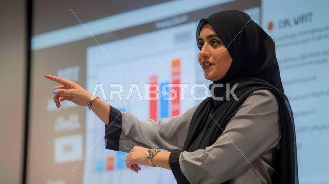أهداف التربية والتعليم، المناهج التعليمية الحديثة والمطورة بالمملكة العربية السعودية، صورة مقربة لمعلمة عربية سعودية خليجية محجبة تقوم بتقديم عرضا تقديما مع الرسوم البيانية