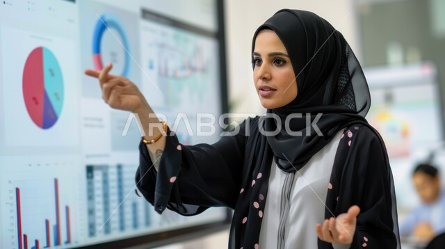 المناهج التعليمية الحديثة والمطورة بالمملكة العربية السعودية، أهداف التربية والتعليم، صورة مقربة لمعلمة عربية سعودية خليجية محجبة تقوم بتقديم عرضا تقديما مع الرسوم البيانية