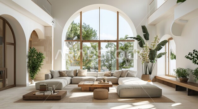 Windows and glass facades overlooking nature, interest in home ornamental plants, interior designs for living rooms in a modern style, living room with luxurious white home furniture, elegant interior decoration for villas and residential apartments in the Kingdom of Saudi Arabia