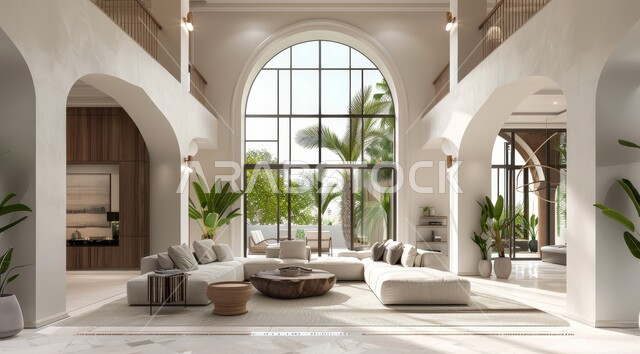 النوافذ والواجهات الزجاجية المطلة على الطبيعة، الاهتمام بنبات الزينة المنزلي، التصاميم الداخلية لغرف الجلوس على الطراز الحديث، غرفة معيشة مع أثاث منزلي فاخر باللون الابيض، ديكور داخلي راقي للفلل والشقق السكنية في المملكة العربية السعودية