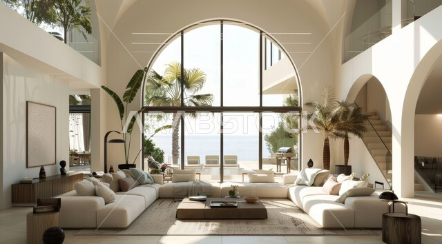 Windows and glass facades overlooking nature, interest in home ornamental plants, interior designs for living rooms in a modern style, living room with luxurious white home furniture, elegant interior decoration for villas and residential apartments in the Kingdom of Saudi Arabia