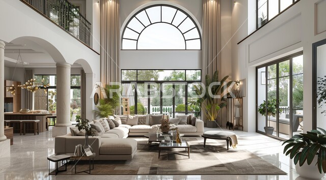 Windows and glass facades overlooking nature, interest in home ornamental plants, interior designs for living rooms in a modern style, living room with luxurious white home furniture, elegant interior decoration for villas and residential apartments in the Kingdom of Saudi Arabia