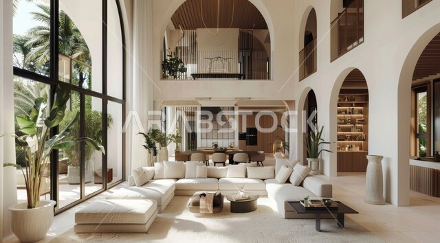 Windows and glass facades overlooking nature, interest in home ornamental plants, interior designs for living rooms in a modern style, living room with luxurious white home furniture, elegant interior decoration for villas and residential apartments in the Kingdom of Saudi Arabia