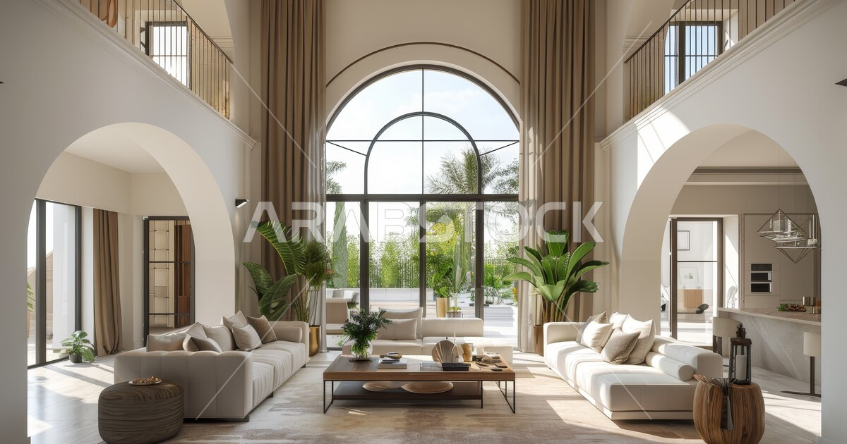 Visual Reference: Living Room With Luxury White Home Furniture Glass Facades Overlooking