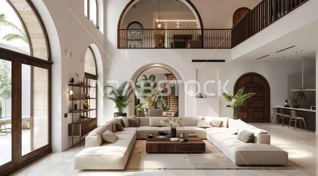 النوافذ والواجهات الزجاجية المطلة على الطبيعة، الاهتمام بنبات الزينة المنزلي، التصاميم الداخلية لغرف الجلوس على الطراز الحديث، غرفة معيشة مع أثاث منزلي فاخر باللون الابيض، ديكور داخلي راقي للفلل والشقق السكنية في المملكة العربية السعودية