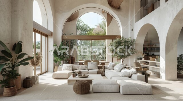 Windows and glass facades overlooking nature, interest in home ornamental plants, interior designs for living rooms in a modern style, living room with luxurious white home furniture, elegant interior decoration for villas and residential apartments in the Kingdom of Saudi Arabia