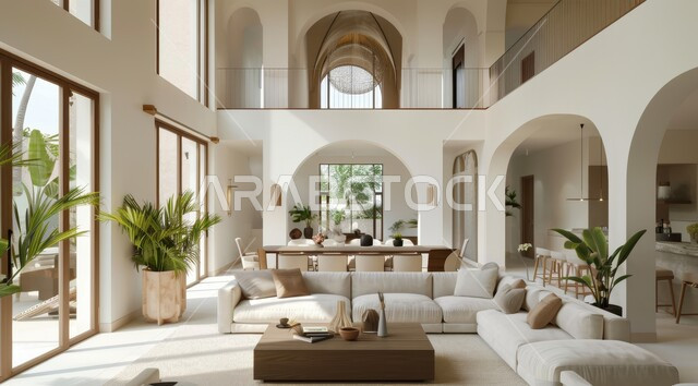 Windows and glass facades overlooking nature, interest in home ornamental plants, interior designs for living rooms in a modern style, living room with luxurious white home furniture, elegant interior decoration for villas and residential apartments in the Kingdom of Saudi Arabia