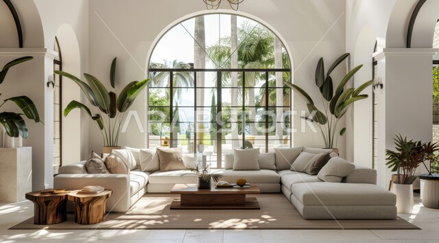 النوافذ والواجهات الزجاجية المطلة على الطبيعة، الاهتمام بنبات الزينة المنزلي، التصاميم الداخلية لغرف الجلوس على الطراز الحديث، غرفة معيشة مع أثاث منزلي فاخر باللون الابيض، ديكور داخلي راقي للفلل والشقق السكنية في المملكة العربية السعودية