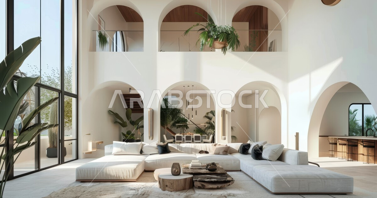 Curated visual reference: Living Room With Luxury White Home Furniture Glass Facades Overlooking Photo Inspiration
