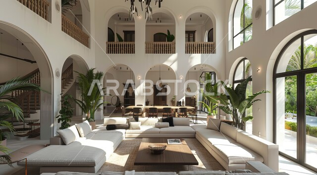 النوافذ والواجهات الزجاجية المطلة على الطبيعة، الاهتمام بنبات الزينة المنزلي، التصاميم الداخلية لغرف الجلوس على الطراز الحديث، غرفة معيشة مع أثاث منزلي فاخر باللون الابيض، ديكور داخلي راقي للفلل والشقق السكنية في المملكة العربية السعودية