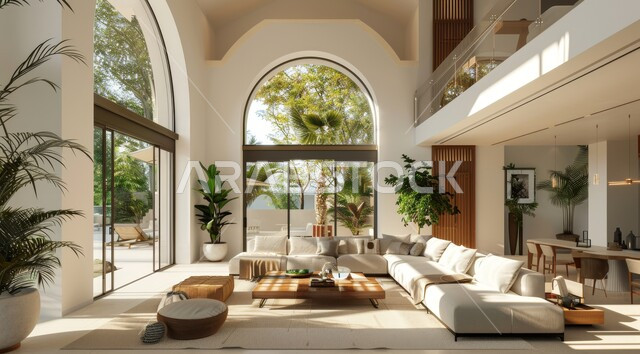 النوافذ والواجهات الزجاجية المطلة على الطبيعة، الاهتمام بنبات الزينة المنزلي، التصاميم الداخلية لغرف الجلوس على الطراز الحديث، غرفة معيشة مع أثاث منزلي فاخر باللون الابيض، ديكور داخلي راقي للفلل والشقق السكنية في المملكة العربية السعودية