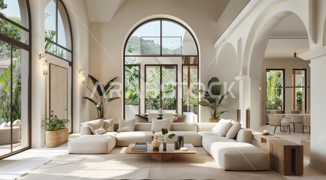 النوافذ والواجهات الزجاجية المطلة على الطبيعة، الاهتمام بنبات الزينة المنزلي، التصاميم الداخلية لغرف الجلوس على الطراز الحديث، غرفة معيشة مع أثاث منزلي فاخر باللون الابيض، ديكور داخلي راقي للفلل والشقق السكنية في المملكة العربية السعودية