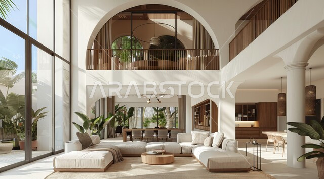 Windows and glass facades overlooking nature, interest in home ornamental plants, interior designs for living rooms in a modern style, living room with luxurious white home furniture, elegant interior decoration for villas and residential apartments in the Kingdom of Saudi Arabia