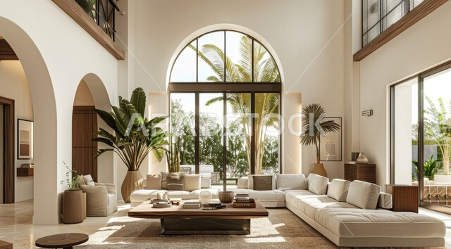 النوافذ والواجهات الزجاجية المطلة على الطبيعة، الاهتمام بنبات الزينة المنزلي، التصاميم الداخلية لغرف الجلوس على الطراز الحديث، غرفة معيشة مع أثاث منزلي فاخر باللون الابيض، ديكور داخلي راقي للفلل والشقق السكنية في المملكة العربية السعودية