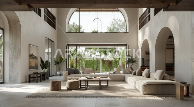 Windows and glass facades overlooking nature, interest in home ornamental plants, interior designs for living rooms in a modern style, living room with luxurious white home furniture, elegant interior decoration for villas and residential apartments in the Kingdom of Saudi Arabia