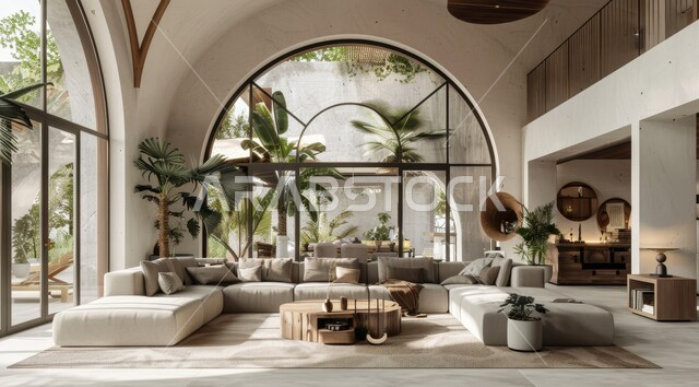 التصاميم الداخلية لغرف الجلوس على الطراز الحديث، الاهتمام بنبات الزينة المنزلي، النوافذ والواجهات الزجاجية المطلة على الطبيعة، غرفة معيشة مع أثاث منزلي فاخر باللون الابيض، ديكور داخلي راقي للفلل والشقق السكنية في المملكة العربية السعودية