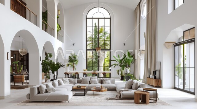 الاهتمام بنبات الزينة المنزلي، النوافذ والواجهات الزجاجية المطلة على الطبيعة، التصاميم الداخلية لغرف الجلوس على الطراز الحديث، غرفة معيشة مع أثاث منزلي فاخر باللون الابيض، ديكور داخلي راقي للفلل والشقق السكنية في المملكة العربية السعودية