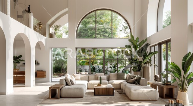 التصاميم الداخلية لغرف الجلوس على الطراز الحديث، الاهتمام بنبات الزينة المنزلي، النوافذ والواجهات الزجاجية المطلة على الطبيعة، غرفة معيشة مع أثاث منزلي فاخر باللون الابيض، ديكور داخلي راقي للفلل والشقق السكنية في المملكة العربية السعودية