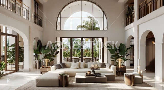 Interest in home ornamental plants, windows and glass facades overlooking nature, interior designs for living rooms in a modern style, a living room with luxurious white home furniture, elegant interior decoration for villas and residential apartments in the Kingdom of Saudi Arabia