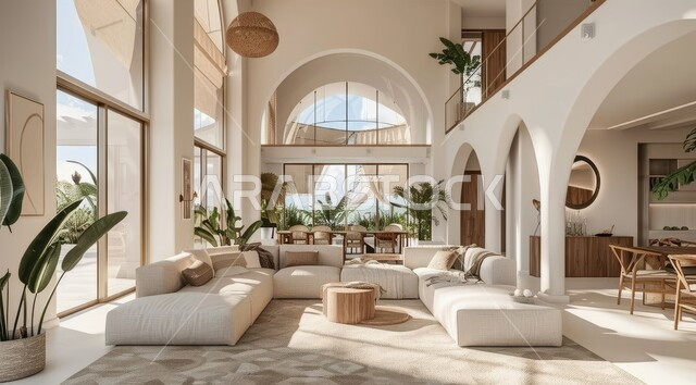 Modern living room interior designs, interest in home ornamental plants, windows and glass facades overlooking nature, living room with luxurious white home furniture, upscale interior decoration for villas and residential apartments in the Kingdom of Saudi Arabia