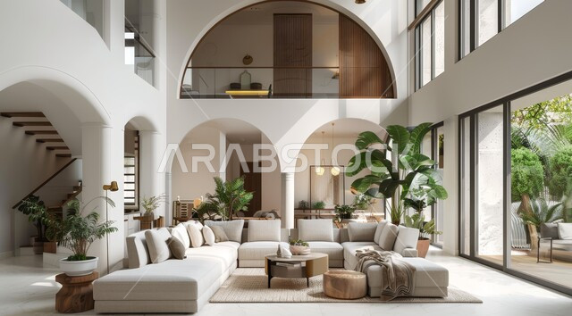 التصاميم الداخلية لغرف الجلوس على الطراز الحديث، الاهتمام بنبات الزينة المنزلي، النوافذ والواجهات الزجاجية المطلة على الطبيعة، غرفة معيشة مع أثاث منزلي فاخر باللون الابيض، ديكور داخلي راقي للفلل والشقق السكنية في المملكة العربية السعودية