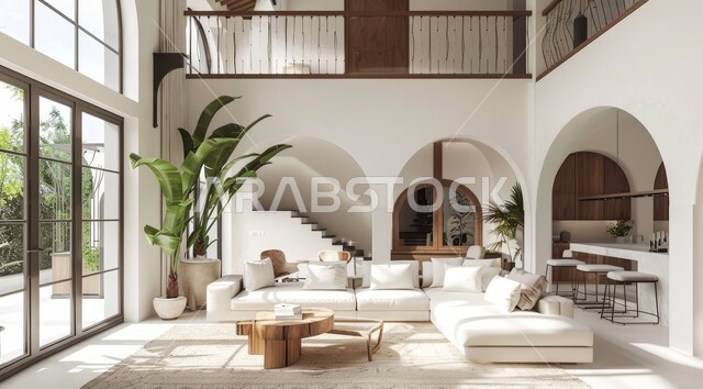 الاهتمام بنبات الزينة المنزلي، النوافذ والواجهات الزجاجية المطلة على الطبيعة، التصاميم الداخلية لغرف الجلوس على الطراز الحديث، غرفة معيشة مع أثاث منزلي فاخر باللون الابيض، ديكور داخلي راقي للفلل والشقق السكنية في المملكة العربية السعودية