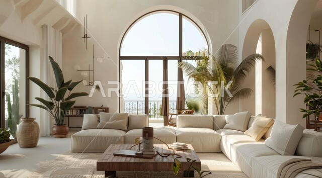 التصاميم الداخلية لغرف الجلوس على الطراز الحديث، الاهتمام بنبات الزينة المنزلي، النوافذ والواجهات الزجاجية المطلة على الطبيعة، غرفة معيشة مع أثاث منزلي فاخر باللون الابيض، ديكور داخلي راقي للفلل والشقق السكنية في المملكة العربية السعودية