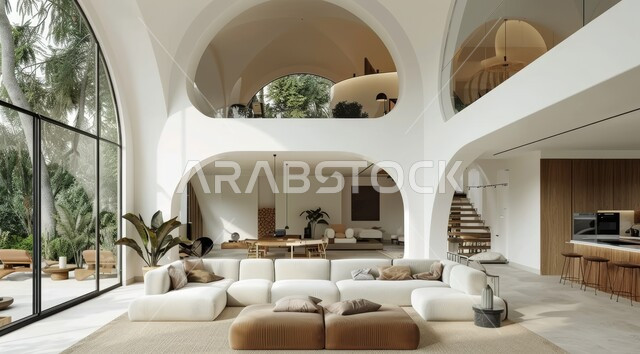 التصاميم الداخلية لغرف الجلوس على الطراز الحديث، الاهتمام بنبات الزينة المنزلي، النوافذ والواجهات الزجاجية المطلة على الطبيعة، غرفة معيشة مع أثاث منزلي فاخر باللون الابيض، ديكور داخلي راقي للفلل والشقق السكنية في المملكة العربية السعودية