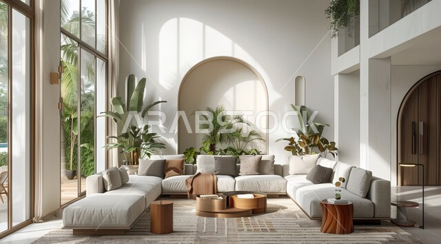 Interest in home ornamental plants, windows and glass facades overlooking nature, interior designs for living rooms in a modern style, a living room with luxurious white home furniture, elegant interior decoration for villas and residential apartments in the Kingdom of Saudi Arabia