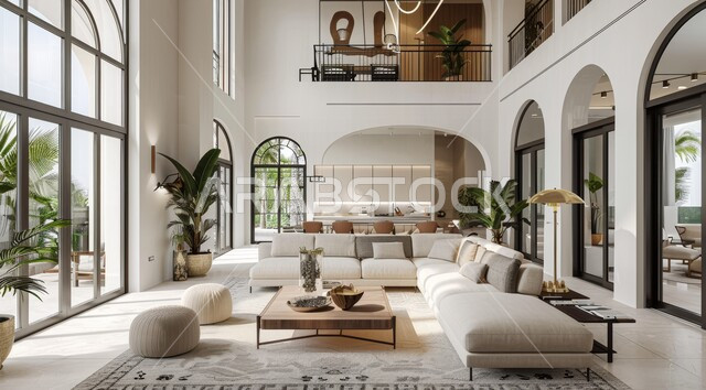 Interest in home ornamental plants, windows and glass facades overlooking nature, interior designs for living rooms in a modern style, a living room with luxurious white home furniture, elegant interior decoration for villas and residential apartments in the Kingdom of Saudi Arabia