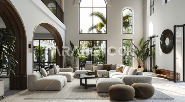 الاهتمام بنبات الزينة المنزلي، النوافذ والواجهات الزجاجية المطلة على الطبيعة، التصاميم الداخلية لغرف الجلوس على الطراز الحديث، غرفة معيشة مع أثاث منزلي فاخر باللون الابيض، ديكور داخلي راقي للفلل والشقق السكنية في المملكة العربية السعودية