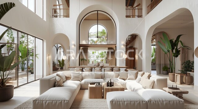 الاهتمام بنبات الزينة المنزلي، النوافذ والواجهات الزجاجية المطلة على الطبيعة، التصاميم الداخلية لغرف الجلوس على الطراز الحديث، غرفة معيشة مع أثاث منزلي فاخر باللون الابيض، ديكور داخلي راقي للفلل والشقق السكنية في المملكة العربية السعودية