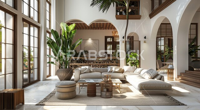 الاهتمام بنبات الزينة المنزلي، النوافذ والواجهات الزجاجية المطلة على الطبيعة، التصاميم الداخلية لغرف الجلوس على الطراز الحديث، غرفة معيشة مع أثاث منزلي فاخر باللون الابيض، ديكور داخلي راقي للفلل والشقق السكنية في المملكة العربية السعودية